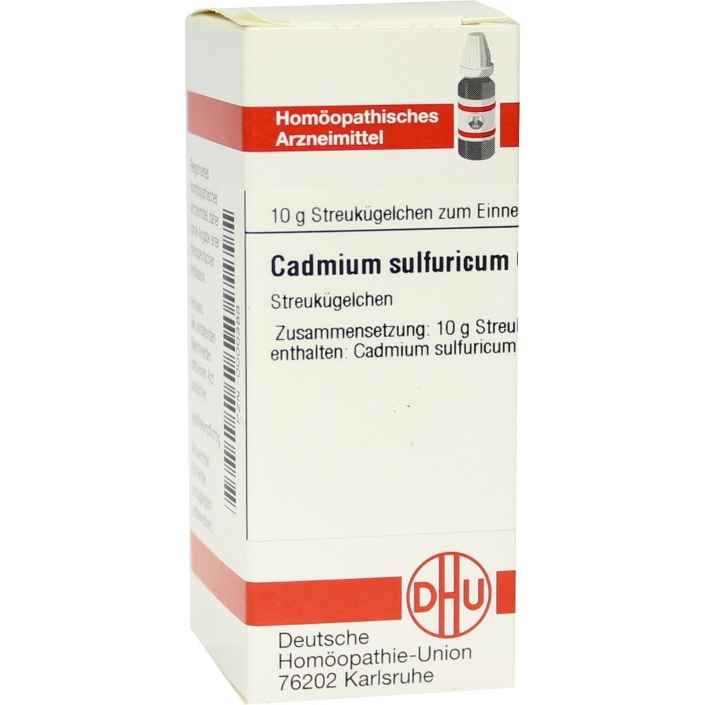 Verpackung mit homöopathischen Streukügelchen, Aufschrift „Cadmium sulfuricum“.