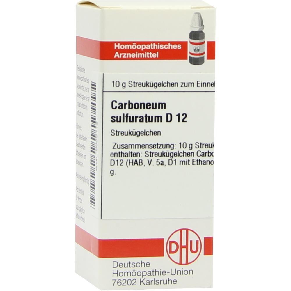 Weiße Verpackung mit Aufschrift "Carboneum sulfuratum D 12", homöopathisches Arzneimittel.