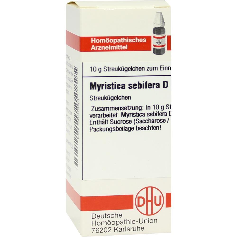 Weiße Packung homöopathischer Arznei, "Myristica sebifera" steht darauf.