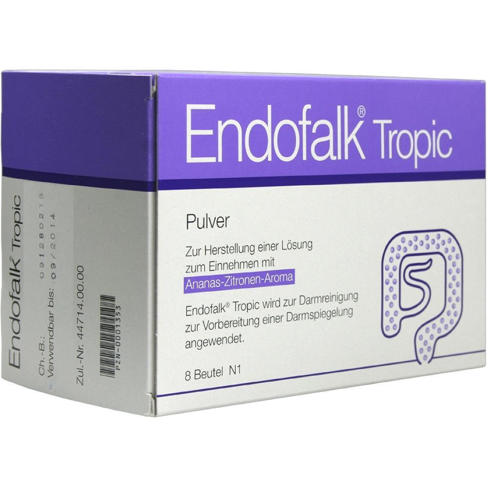 Eine Box von Endofalk Tropic Pulver zur Darmreinigung mit Ananas-Zitrone-Aroma.