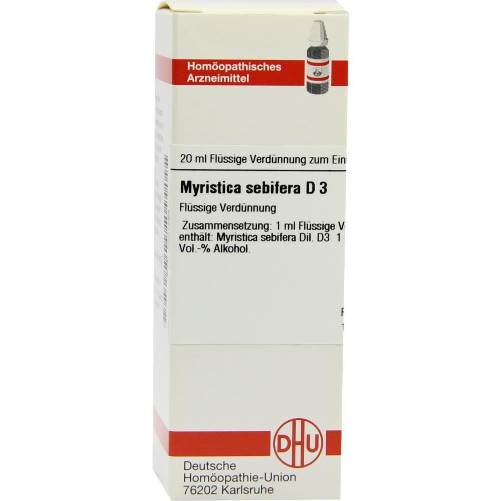 Eine Packung homöopathischer Tropfen, Myristica sebifera D3.