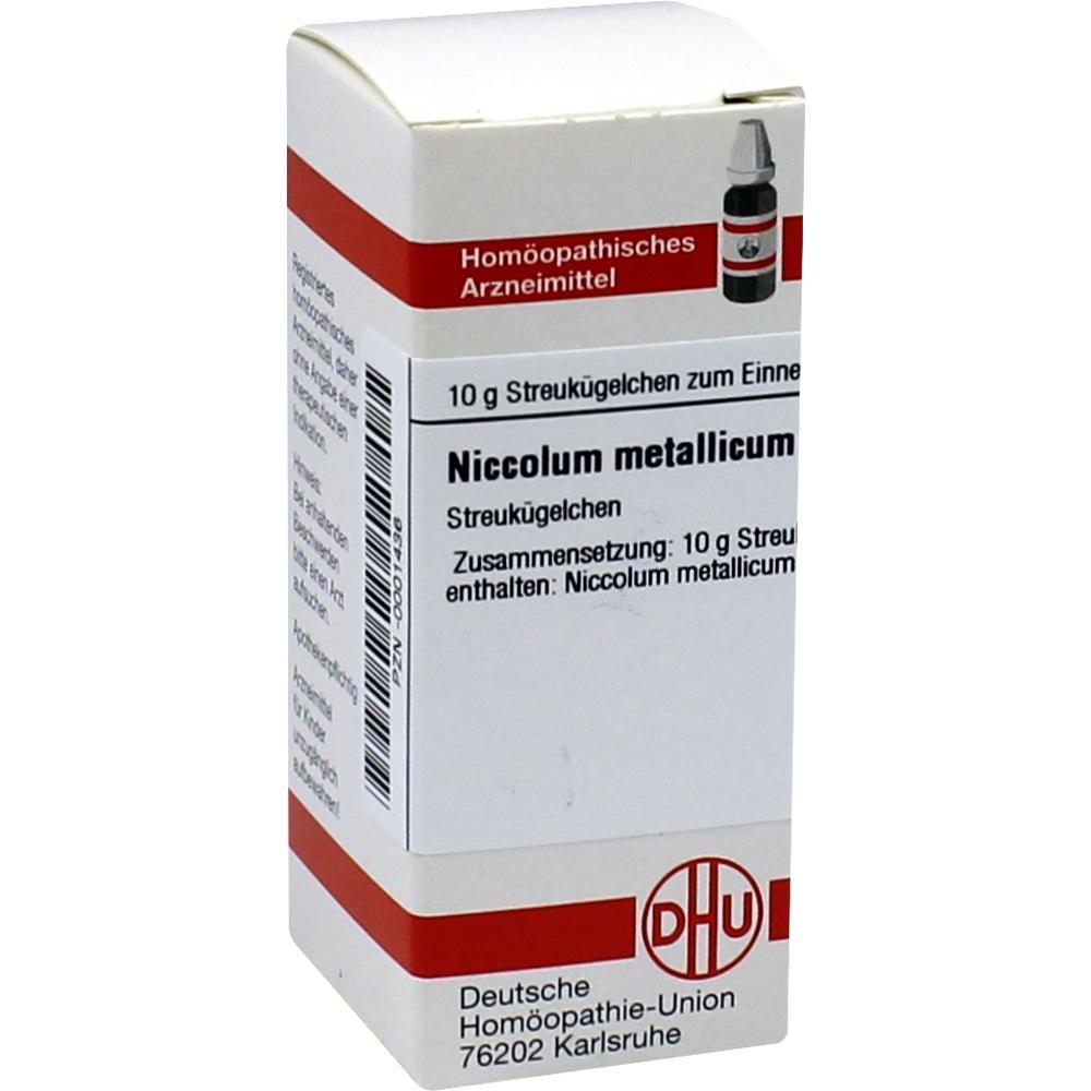 Weiße Verpackung eines homöopathischen Mittels namens Niccolum metallicum.