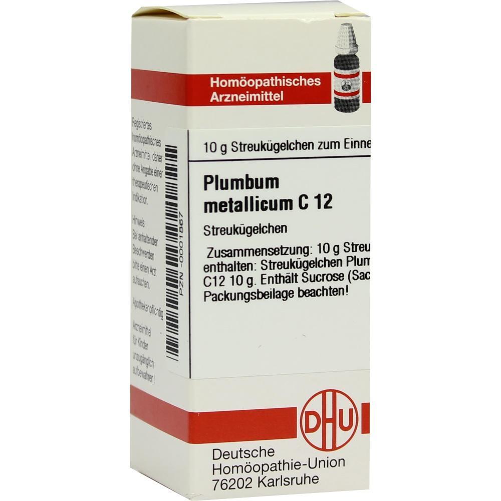 Eine Packung homöopathischer Streukügelchen namens Plumbum metallicum C12.
