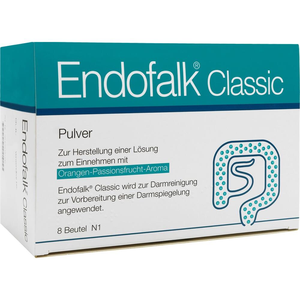 Eine Verpackung mit Endofalk Classic Pulver zur Darmreinigung mit Orangen-Passionsfrucht-Aroma.