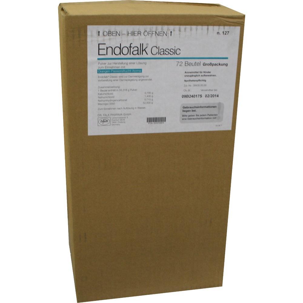 Brauner Karton mit Etikett für Endofalk Classic-Pulver, zur medizinischen Nutzung.