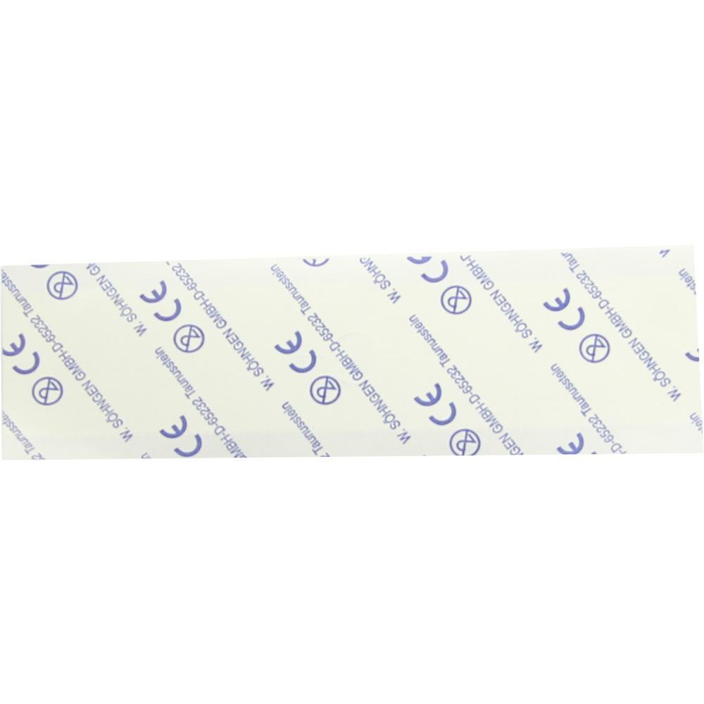 Ein rechteckiges Pflaster mit blauer Aufschrift liegt flach auf weißem Hintergrund.