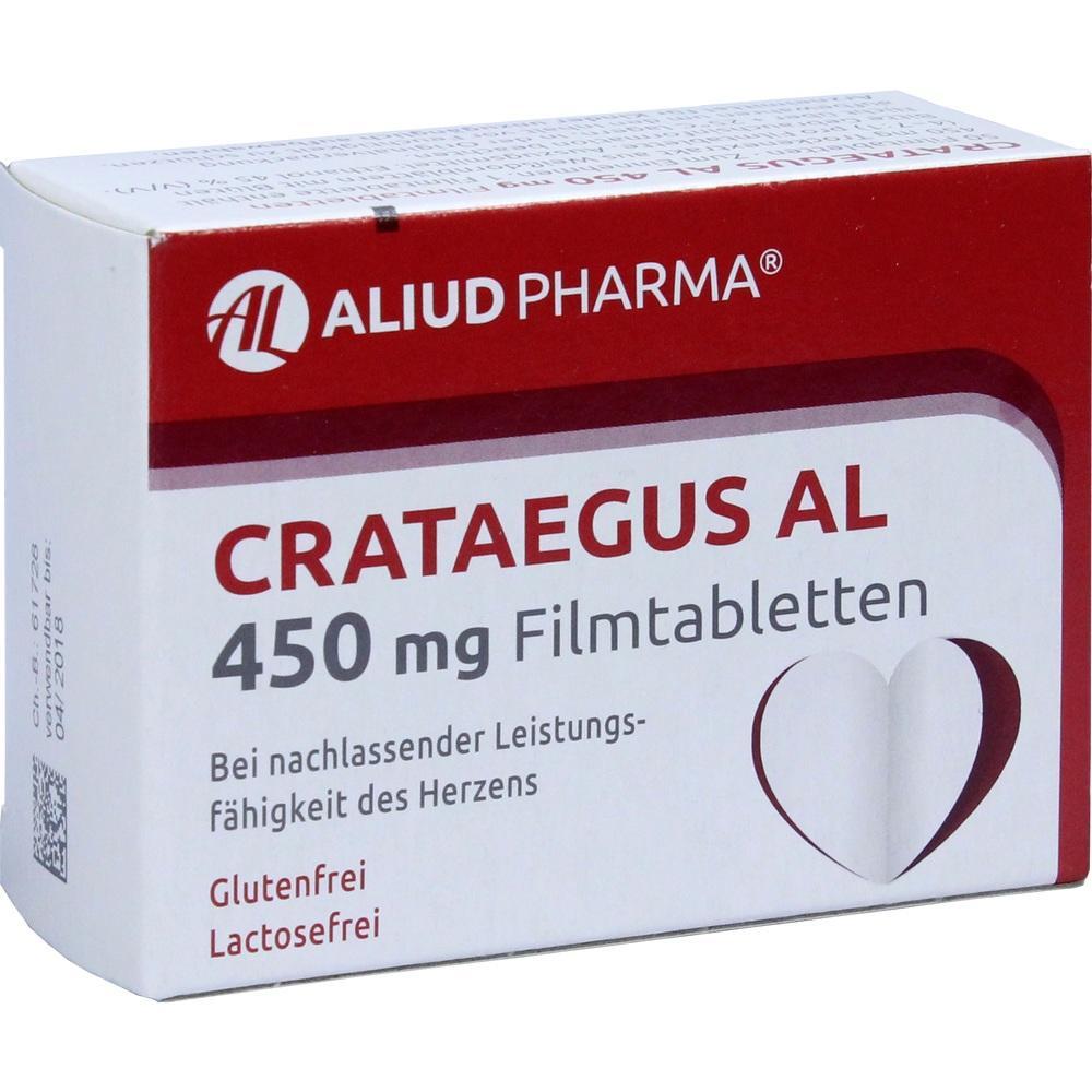 Eine Packung Crataegus AL 450 mg Filmtabletten von Aliud Pharma.