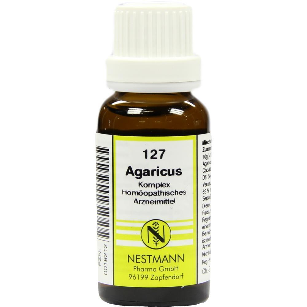 Braune Flasche mit Etikett für homöopathische Medizin namens Agaricus.