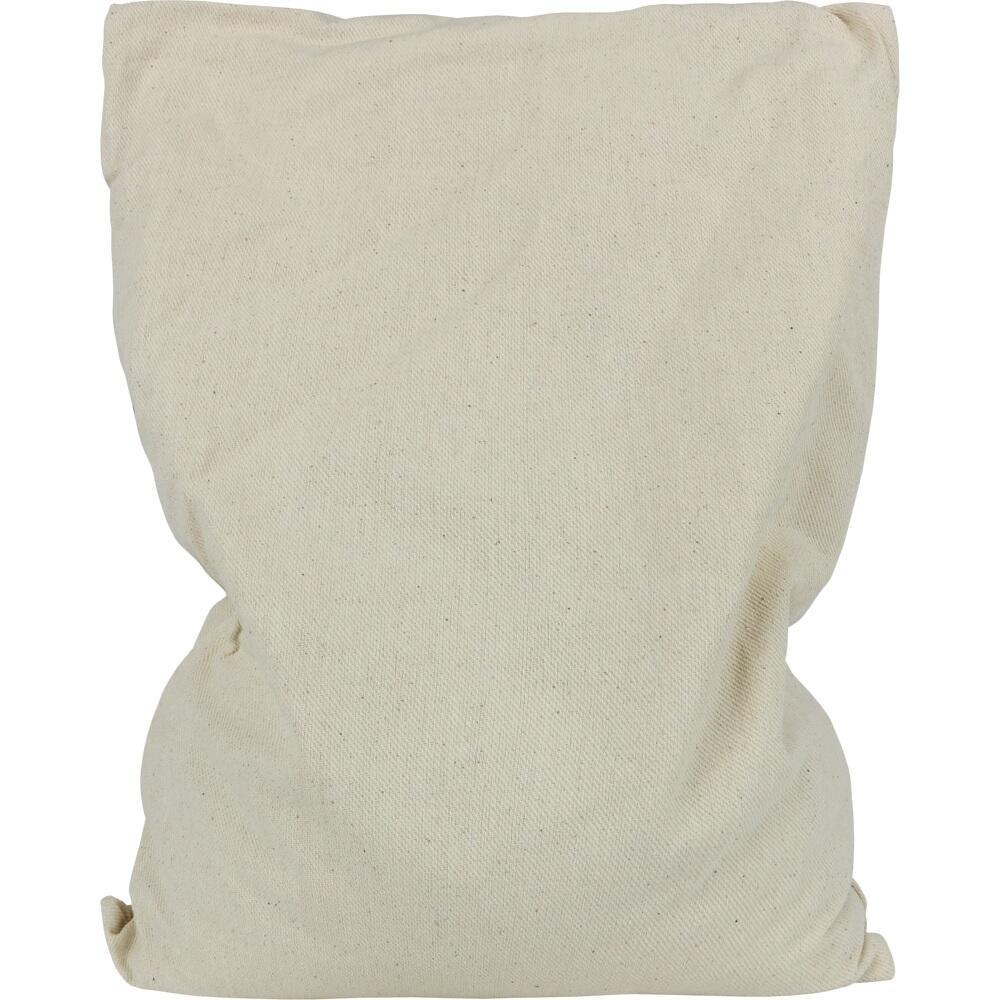 Ein gefüllter beige Stoffbeutel ist zu sehen.