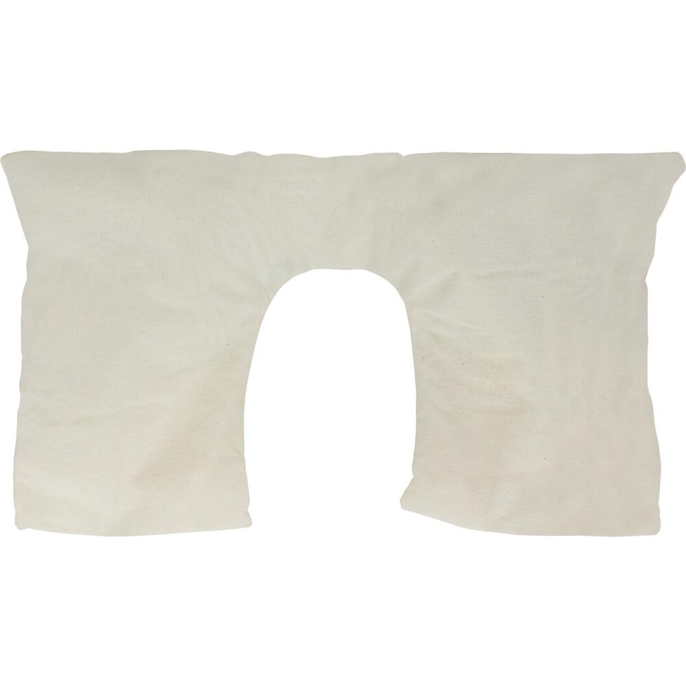 Ein beigefarbenes Kissen mit einem U-förmigen Ausschnitt in der Mitte.