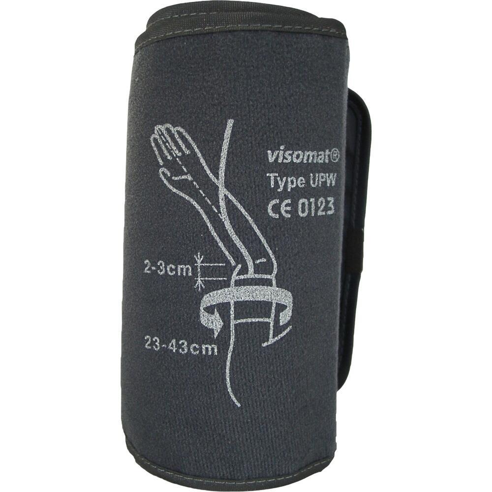 Dunkle Blutdruckmanschette mit Arm-Anleitung aufgedruckt.