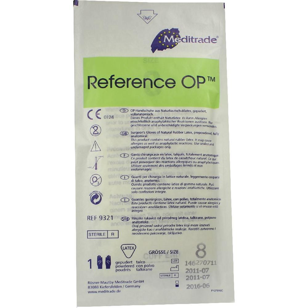 Verpackung von Latex-OP-Handschuhen mit mehrsprachiger Produktinformation.