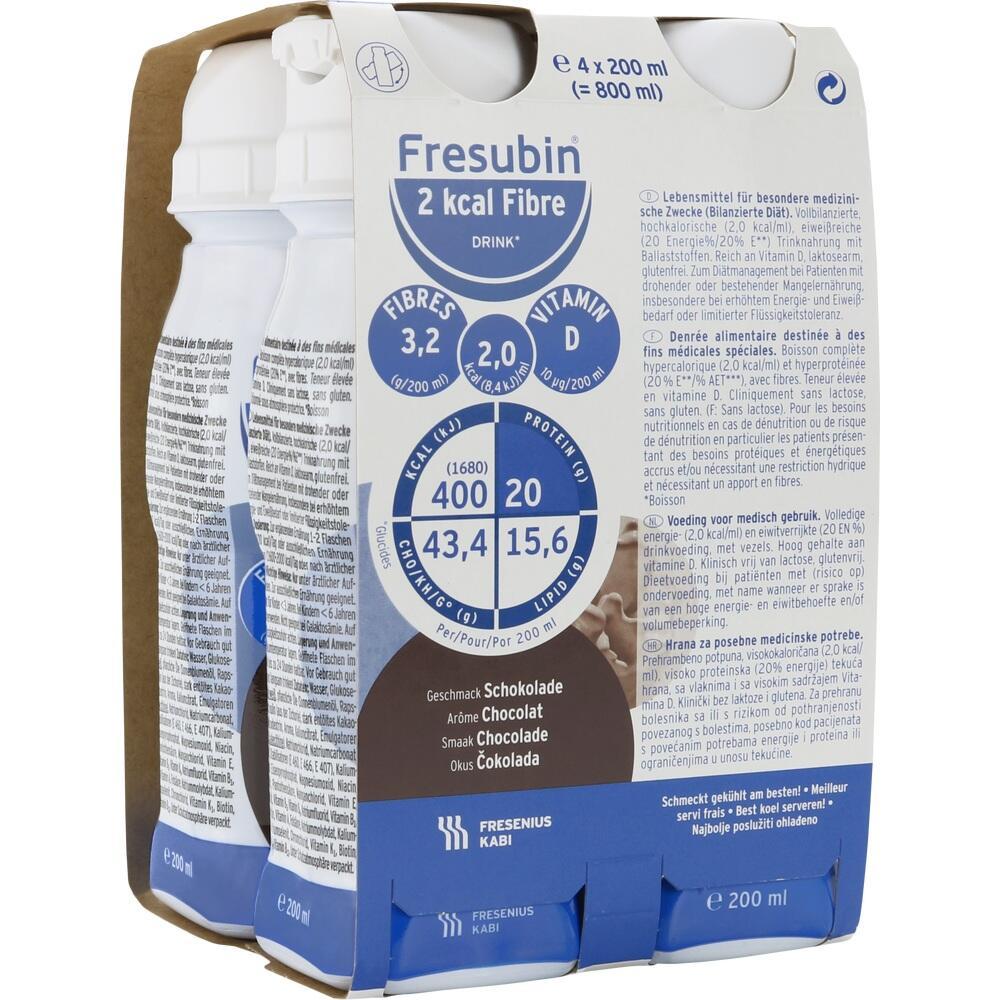 Vier Flaschen Fresubin 2 kcal Fibre Drink in Schokolade-Geschmack.