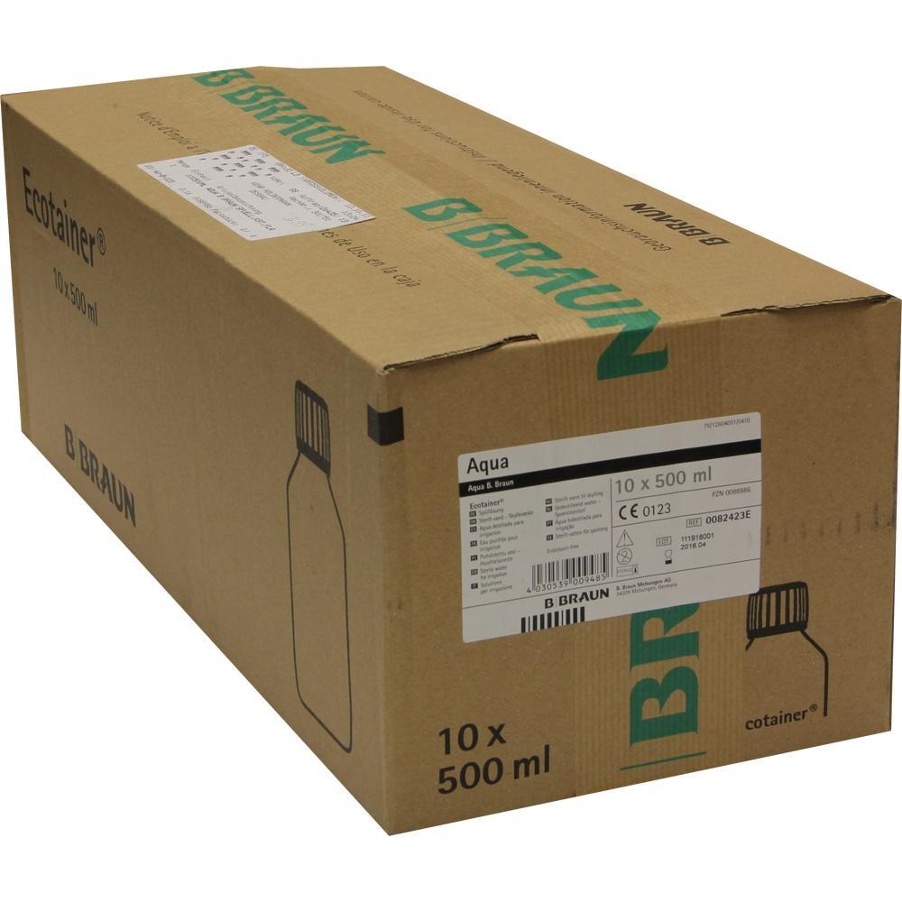 Ein brauner Karton von B. Braun mit der Aufschrift "Aqua" und "10 x 500 ml".