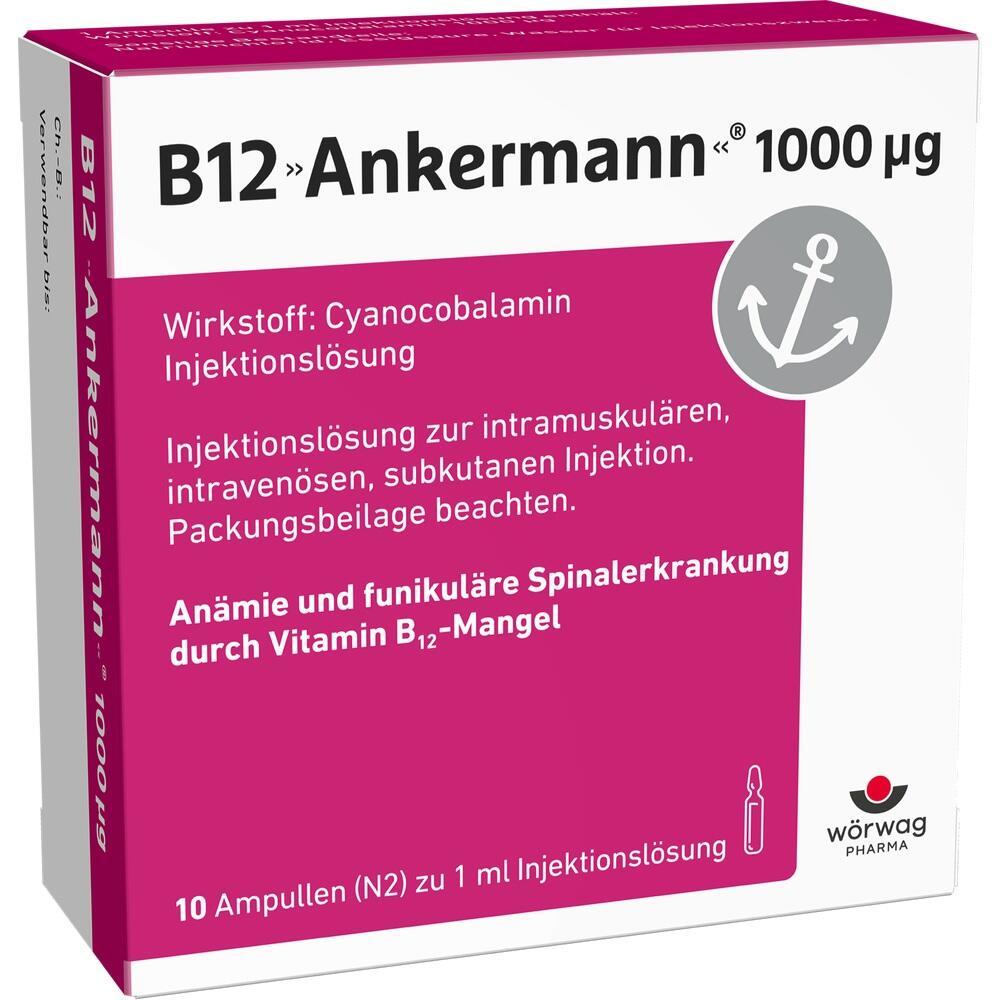 Weiße Schachtel mit Vitamin B12-Injektionstext in pink.