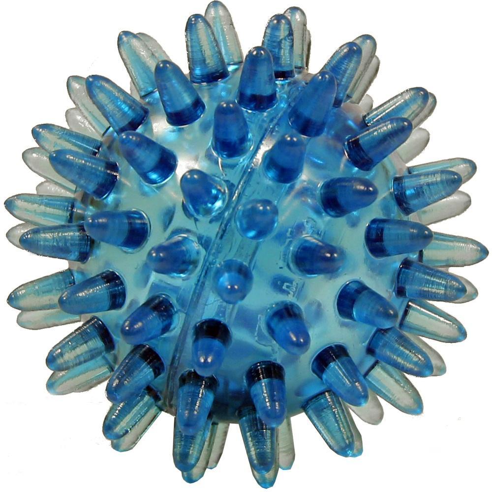 Ein blauer Noppenball mit vielen weichen Spitzen.