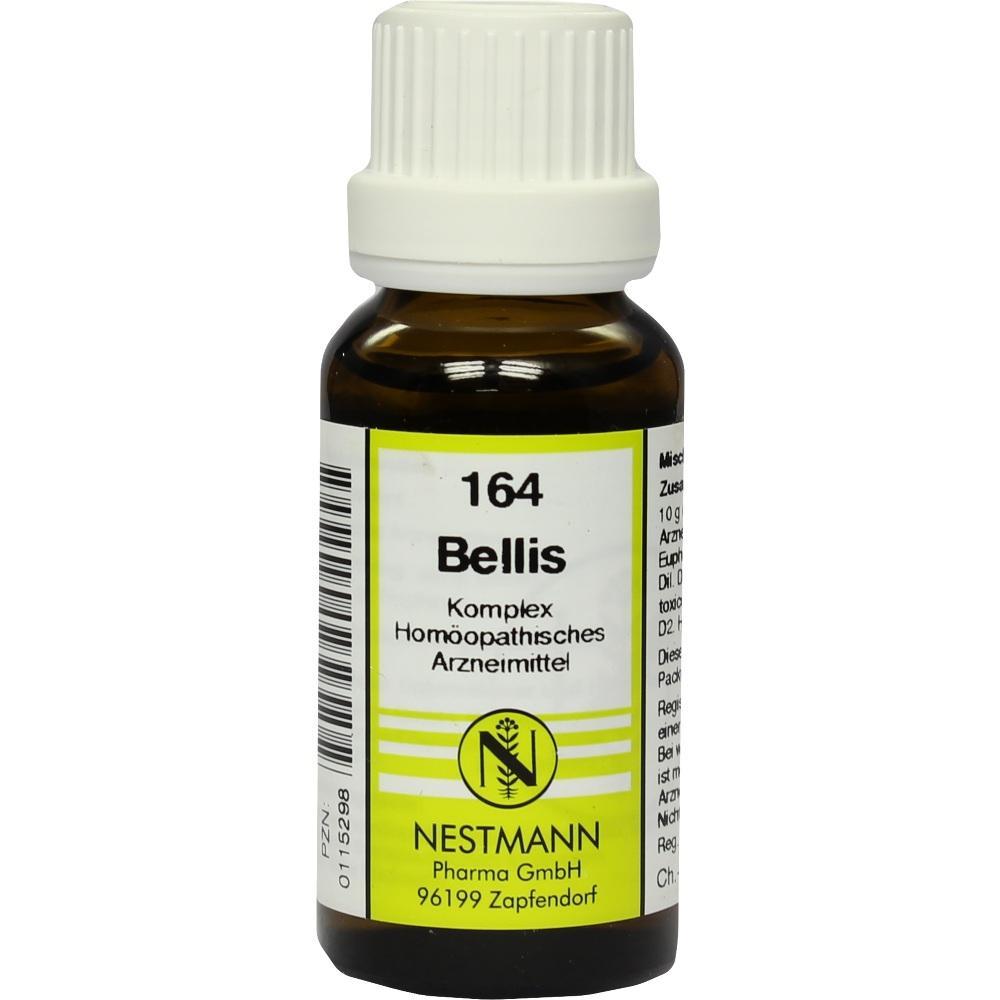 Braunes Fläschchen mit weißem Deckel und Etikett mit Text "Bellis, Homöopathisches Arzneimittel".