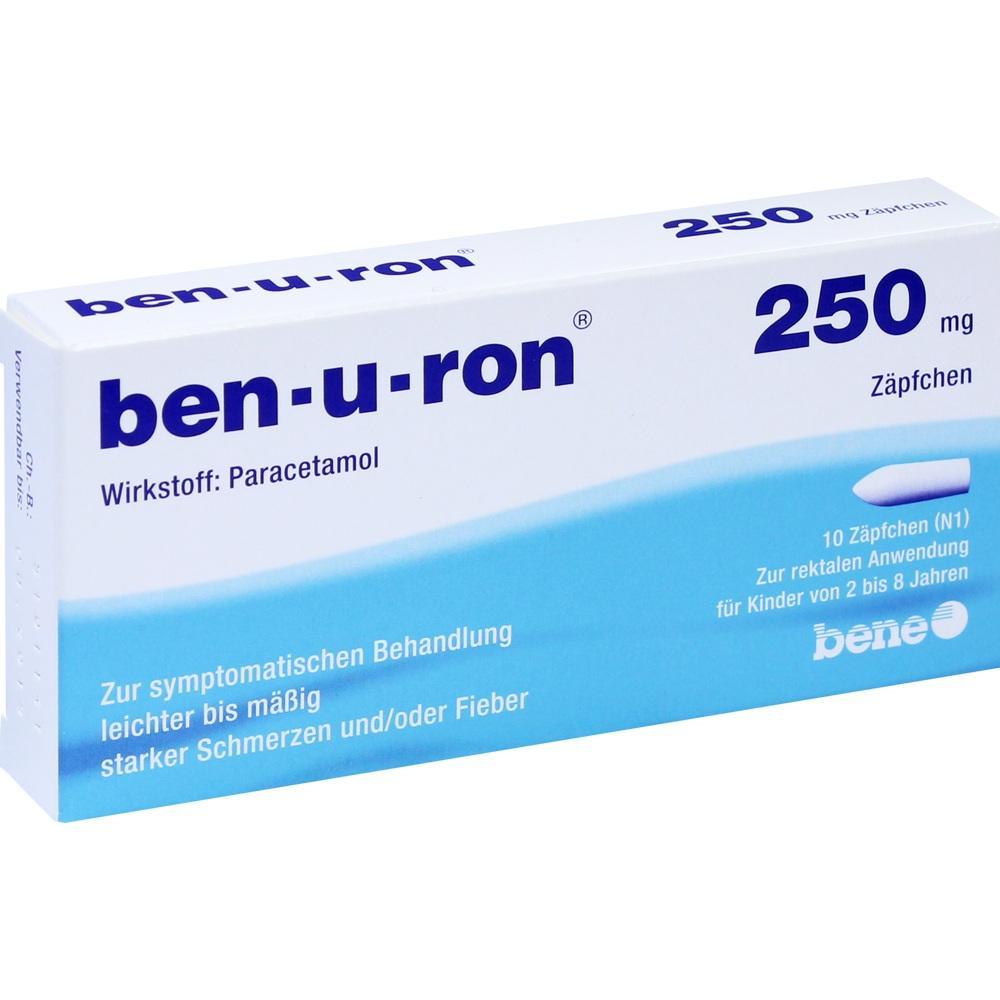 Wei&szlig;e Medikamentenschachtel mit der Aufschrift "ben-u-ron 250 mg Z&auml;pfchen".