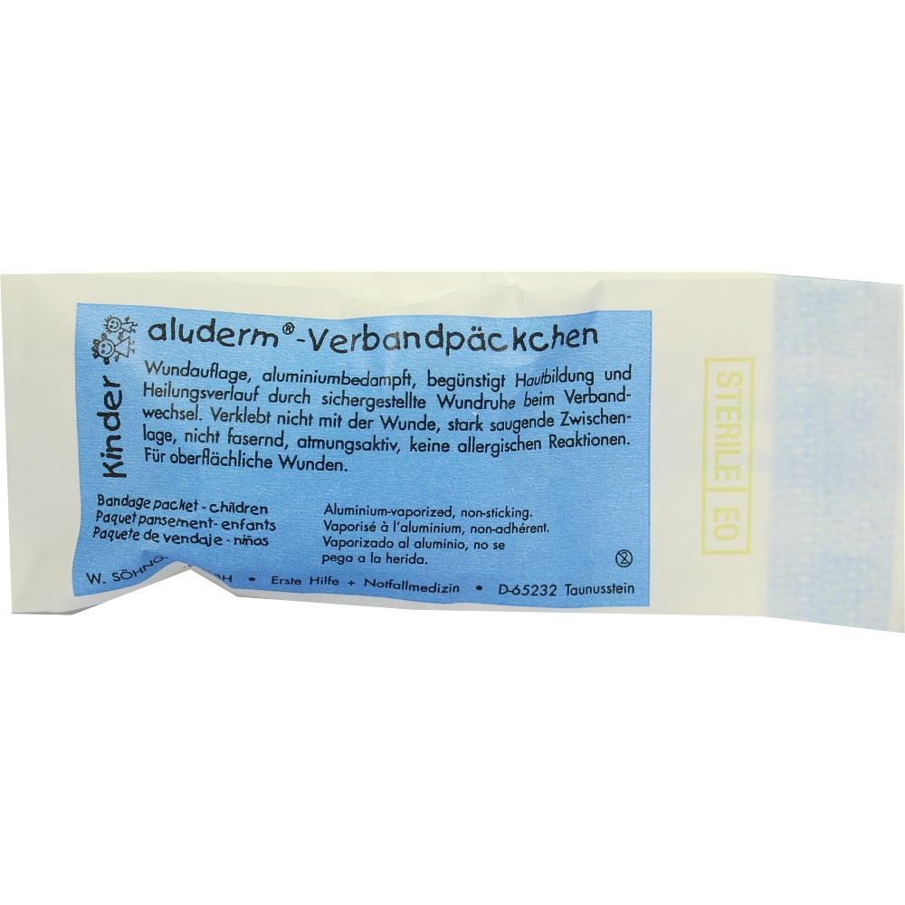 Päckchen mit blauer Aufschrift für ein aluderm-Verbandpäckchen für Kinder.