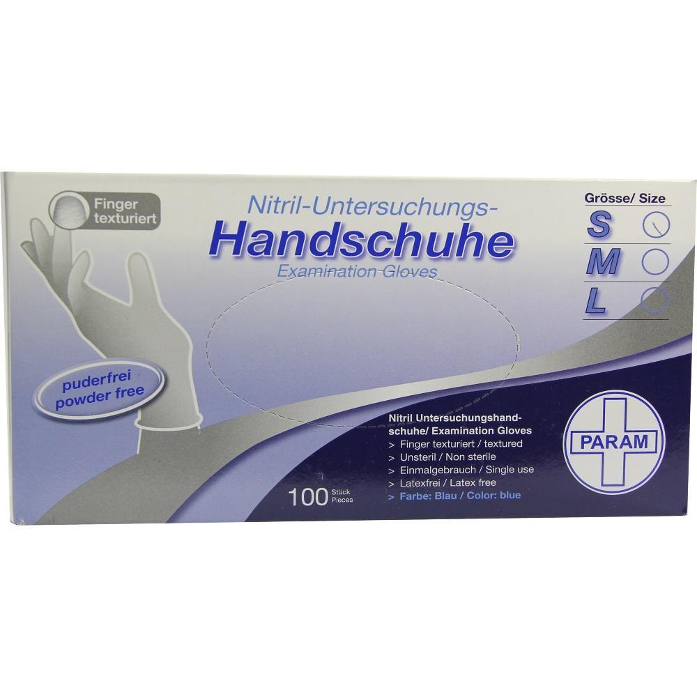 Eine Packung enthält 100 blaue, puderfreie Nitril-Handschuhe in den Größen S, M, L.