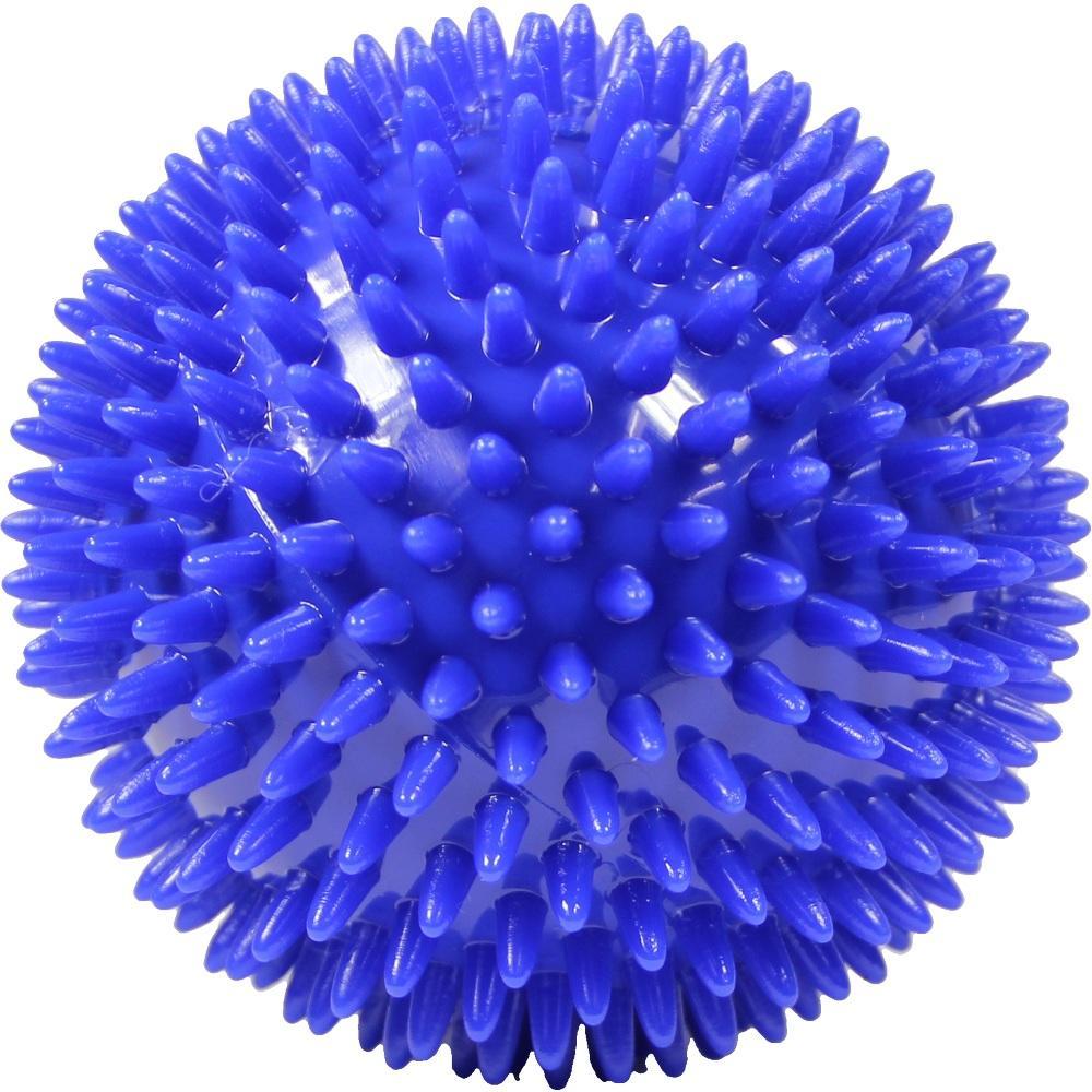 Ein blauer Massageball mit vielen weichen Noppen.