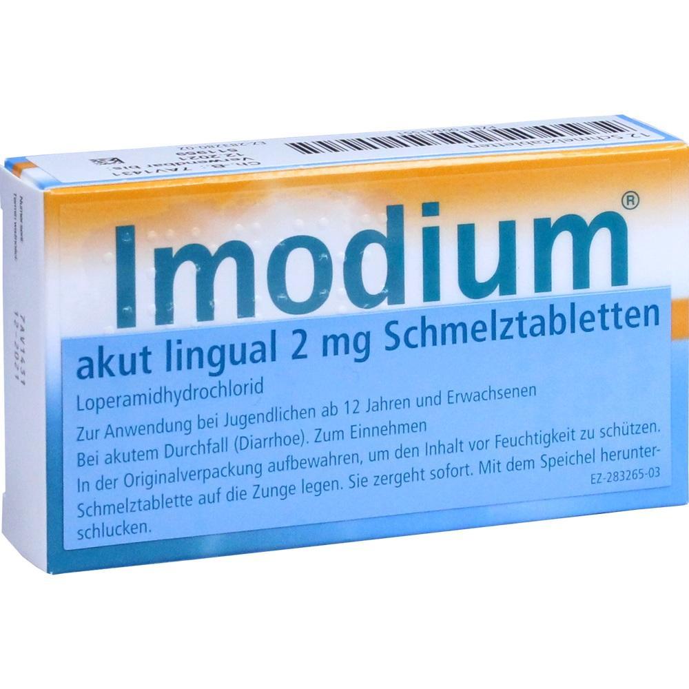 Eine Imodium-Packung f&uuml;r akute Durchfallbehandlung mit Schmelztabletten.