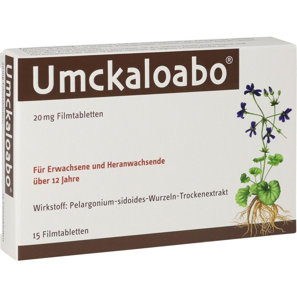 Verpackung von Umckaloabo Filmtabletten mit Pflanzenabbildung.