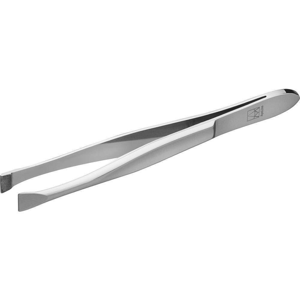 Eine silberne Pinzette mit abgerundeten Spitzen liegt auf einem wei&szlig;en Hintergrund.