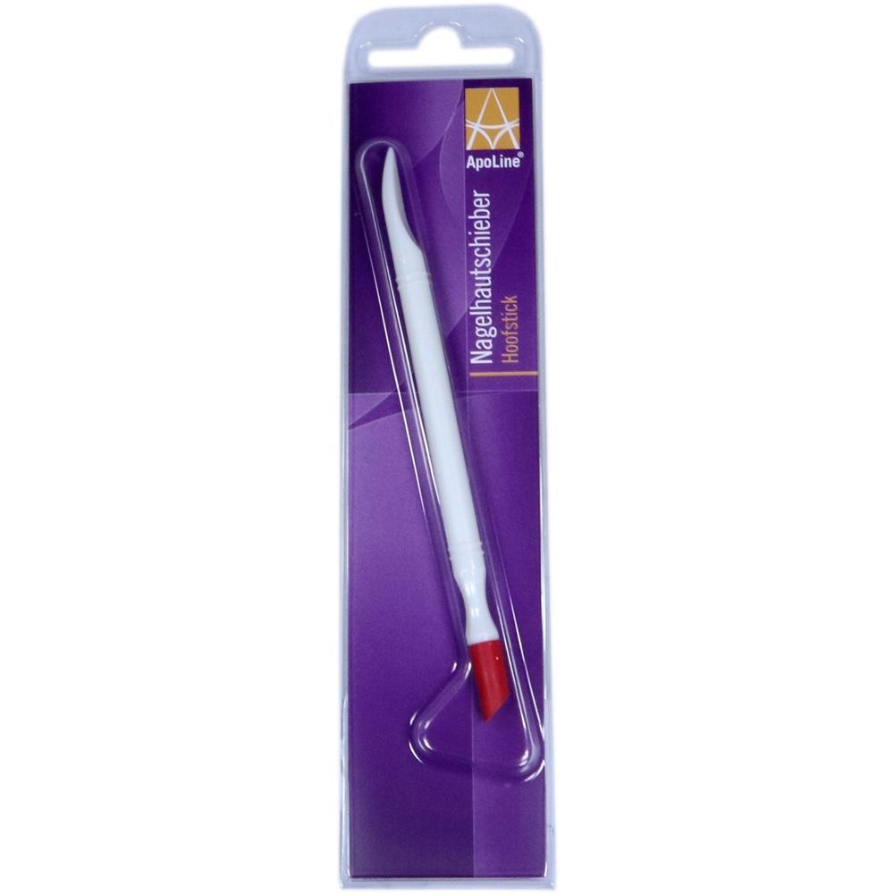 Verpackter Nagelhautschieber mit wei&szlig;em Griff und roter Spitze.