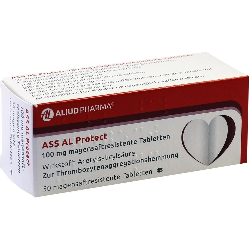 Eine Packung mit magensaftresistenten Tabletten von Aliud Pharma namens ASS AL Protect.