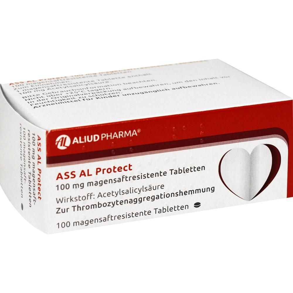 Eine Medikamentenpackung mit ASS AL Protect 100 mg Tabletten.
