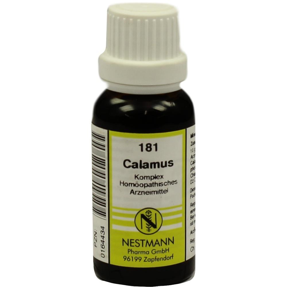 Kleines, dunkles Fläschchen mit Etikett "Calamus" und hellweißem Deckel.