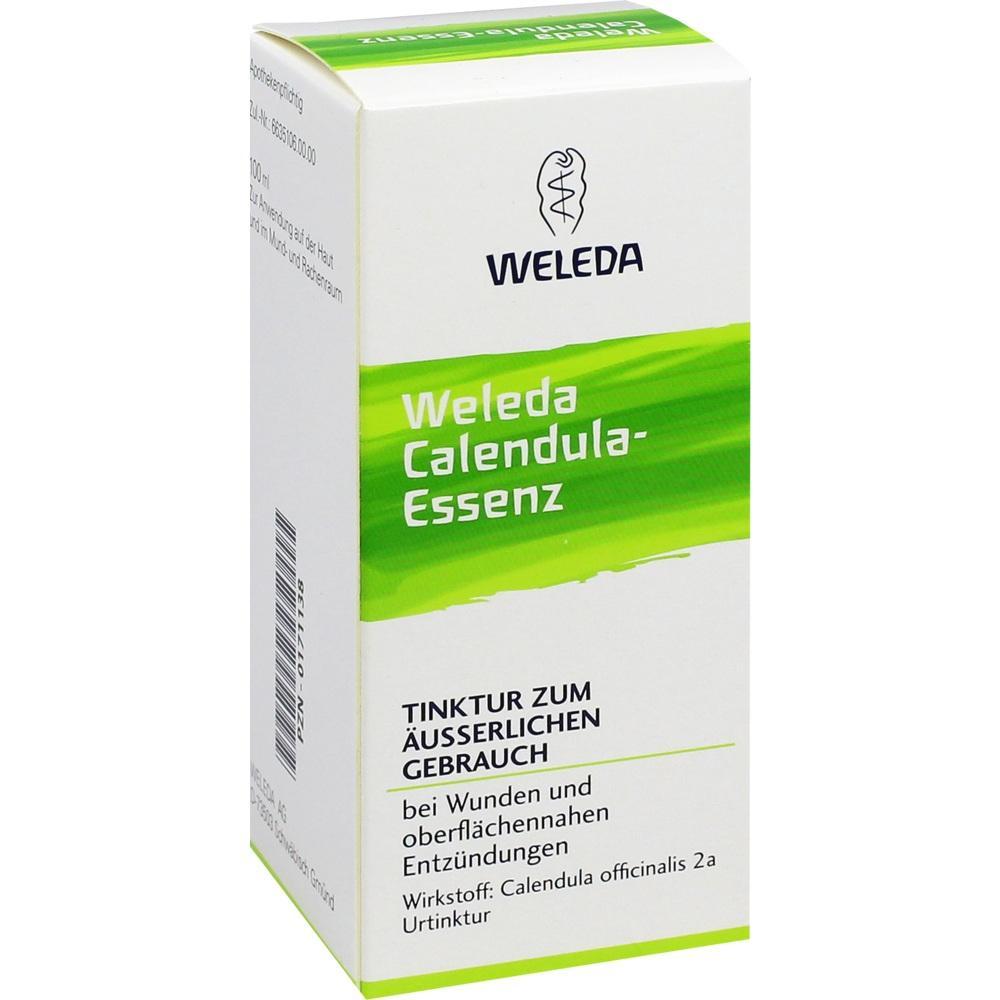 Weiße Verpackung mit grünem Streifen, Aufschrift "Weleda Calendula-Essenz".