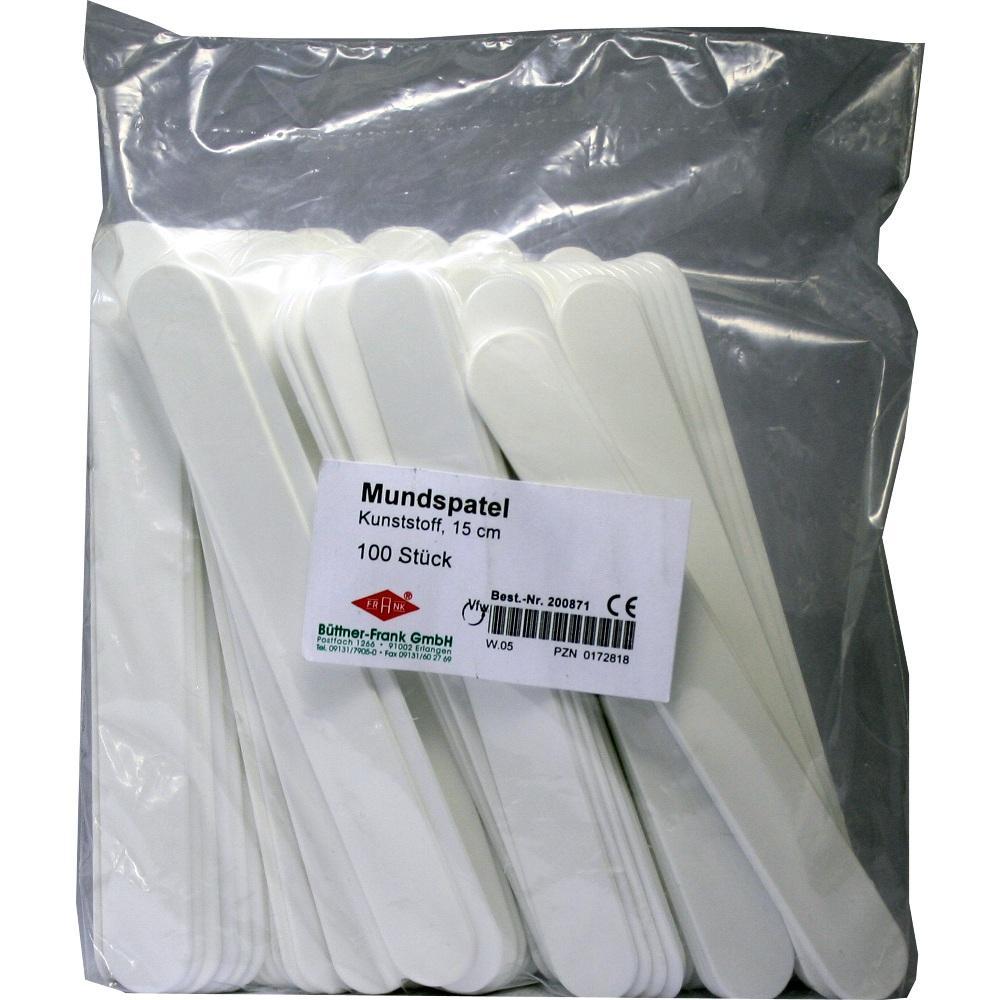 Eine Packung mit 100 weißen Kunststoff-Mundspateln.