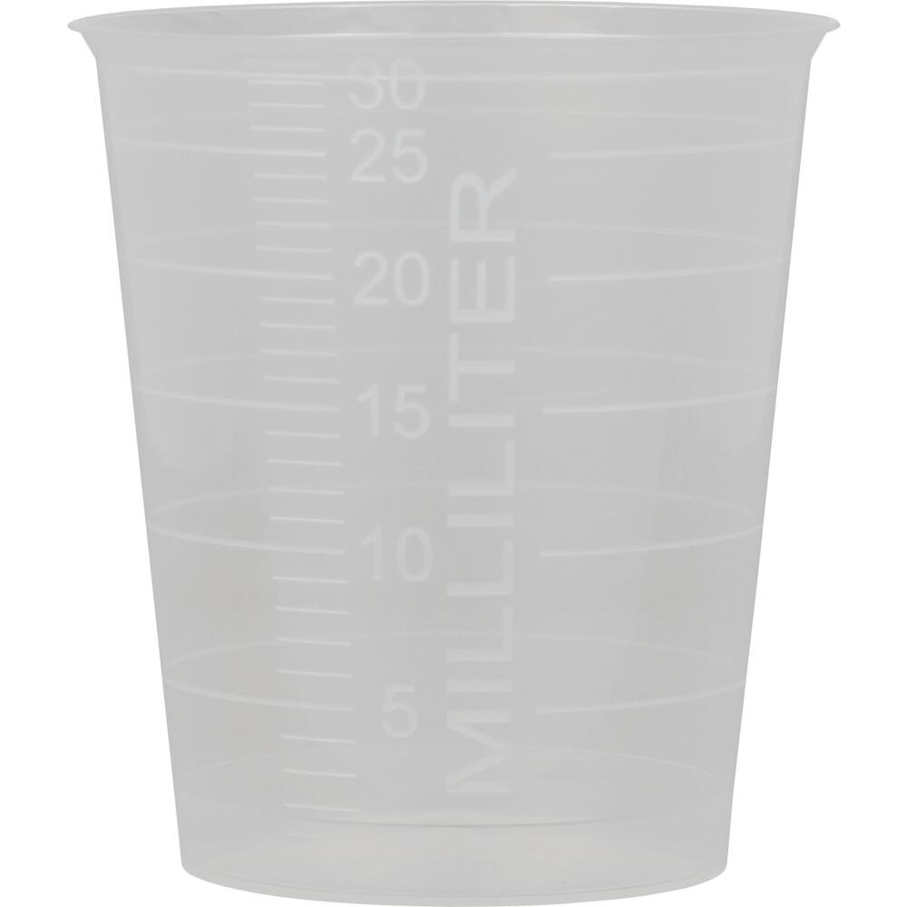 Ein transparenter Kunststoffbecher mit Milliliter-Skala.