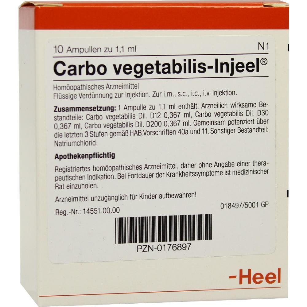 Packung von Carbo vegetabilis-Injeel mit 10 Ampullen, homöopathisches Arzneimittel.