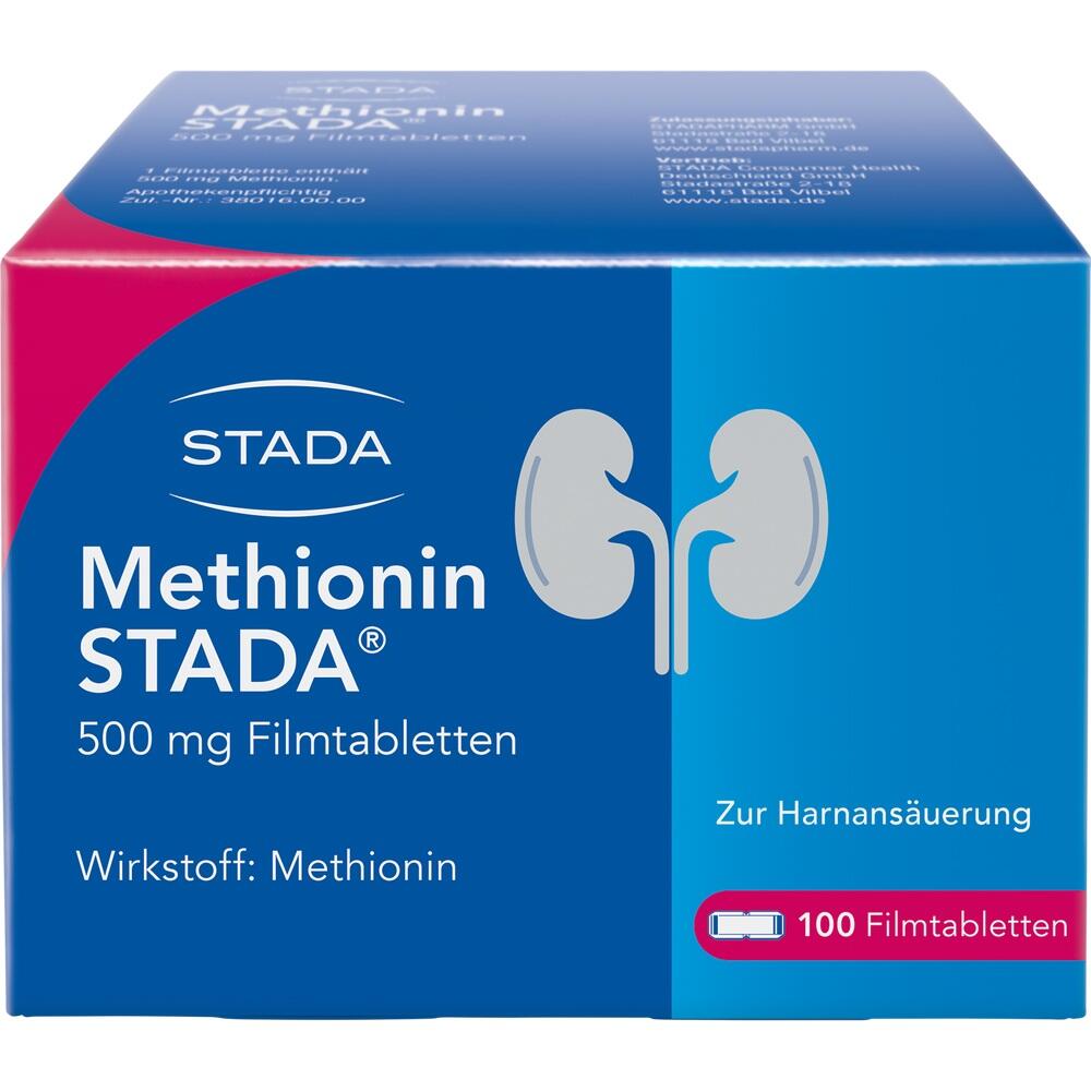 Blaue Verpackung von Methionin STADA Tabletten zur Harnansäuerung.
