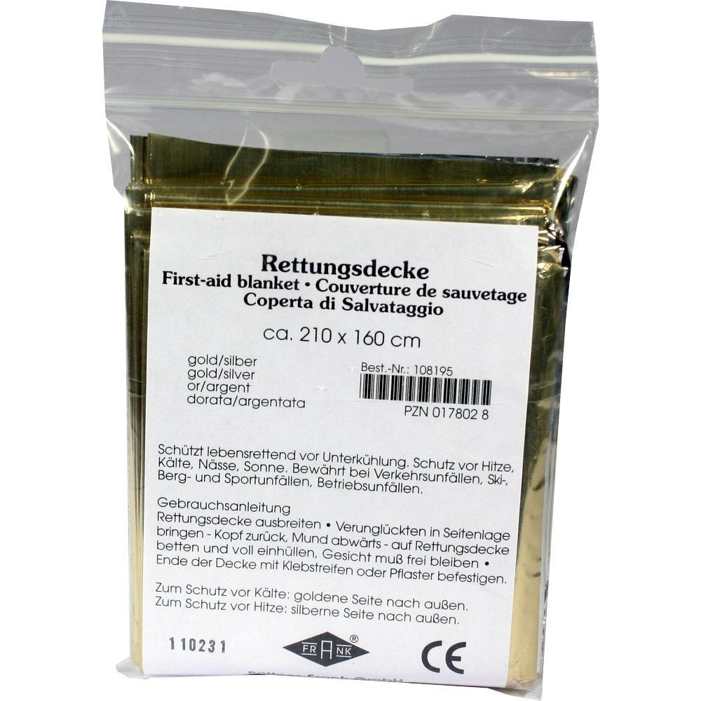 Eine verpackte Rettungsdecke in Gold und Silber mit Größenangabe und Gebrauchsanweisung.