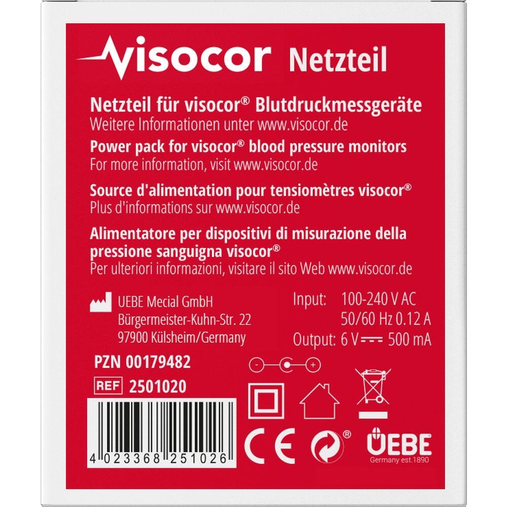 Rotes Etikett eines Viscocor Netzteils für Blutdruckmessgeräte.