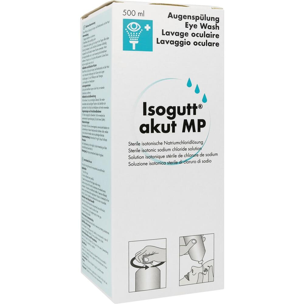 Weiße Verpackung für Augenspülung mit blauen Details und Anleitungen.