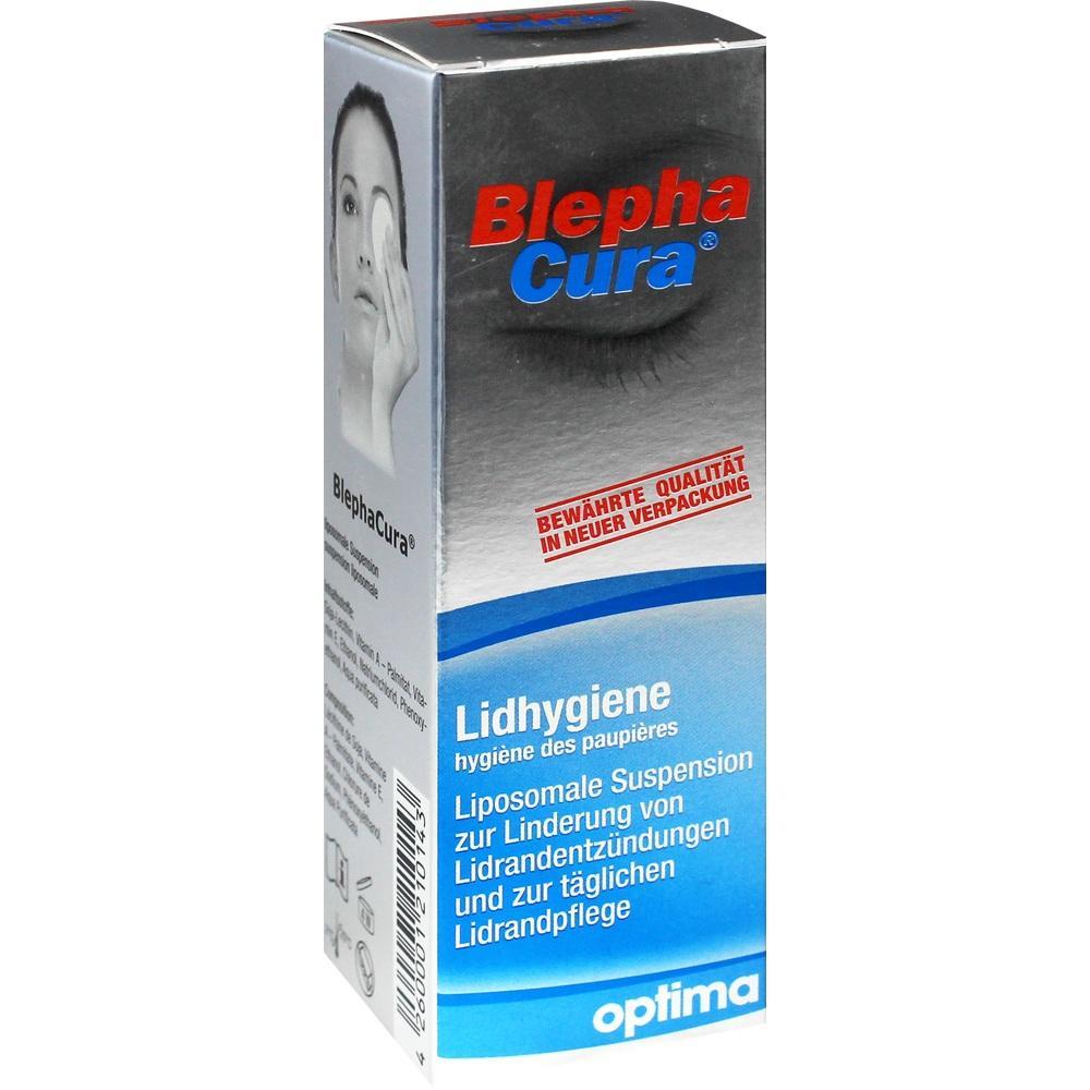 Verpackung einer Augenhygiene-Lösung namens "BlephaCura" mit blauer und silberner Aufschrift.