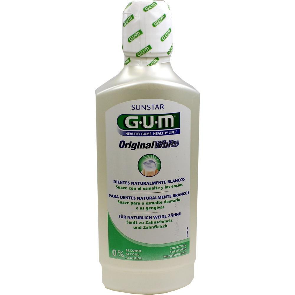 Eine Flasche Mundsp&uuml;lung mit der Aufschrift "G.U.M OriginalWhite."