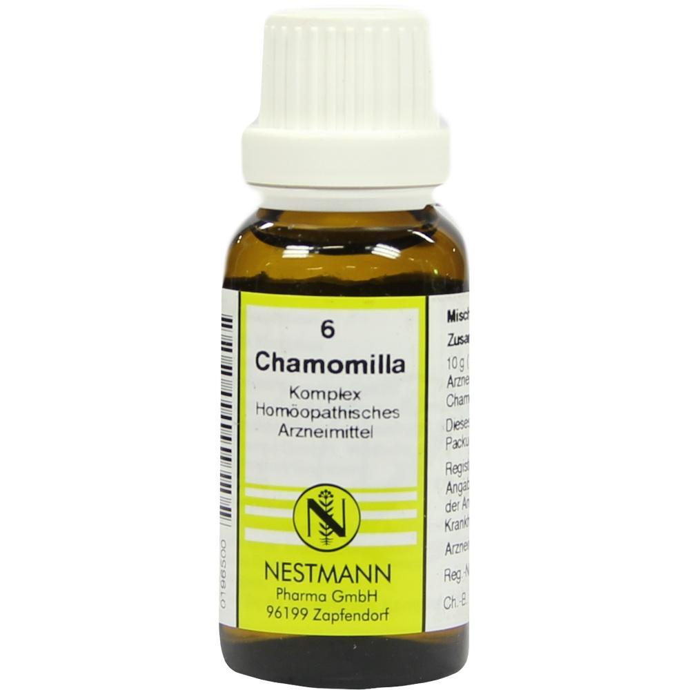 Kleines Fläschchen mit homöopathischem Mittel "Chamomilla" von Nestmann.