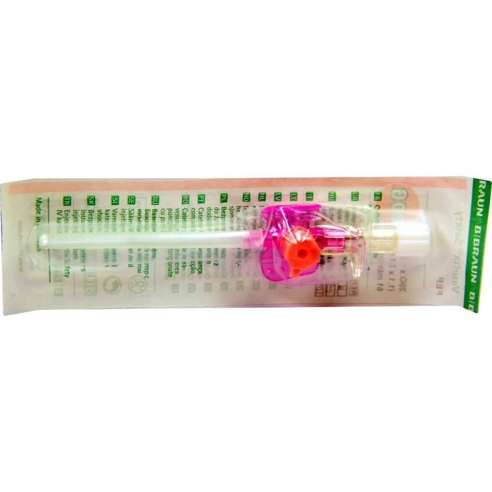 Verpackte medizinische Kan&uuml;le mit pinkem und orangem Verschluss.