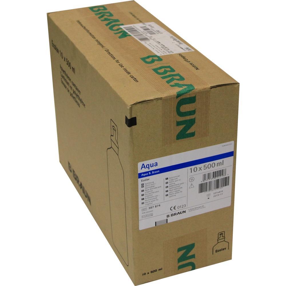 Pappkarton mit der Aufschrift "B. Braun," enth&auml;lt 10 Flaschen Wasser &agrave; 500 ml.