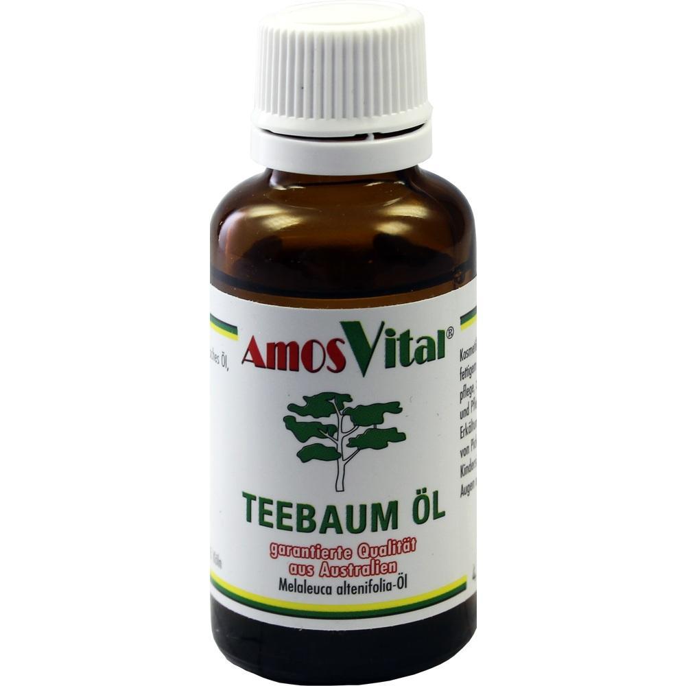 Braunes Glasfl&auml;schchen mit wei&szlig;em Etikett und der Aufschrift "Teebaum&ouml;l".