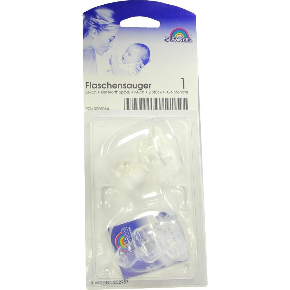 Verpackung mit zwei Babyflaschensaugern aus Silikon für 0-6 Monate.