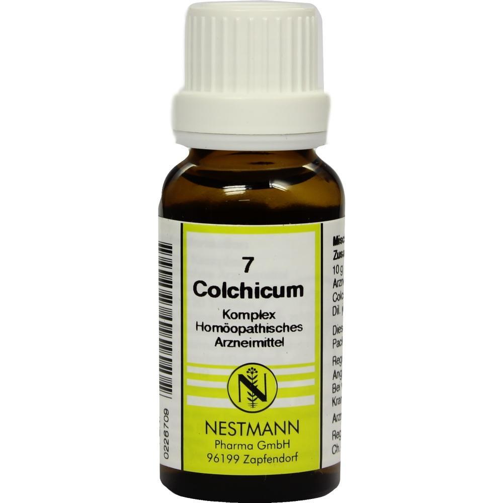 Eine braune Flasche mit wei&szlig;em Deckel und gelbem Etikett mit der Aufschrift 'Colchicum'.