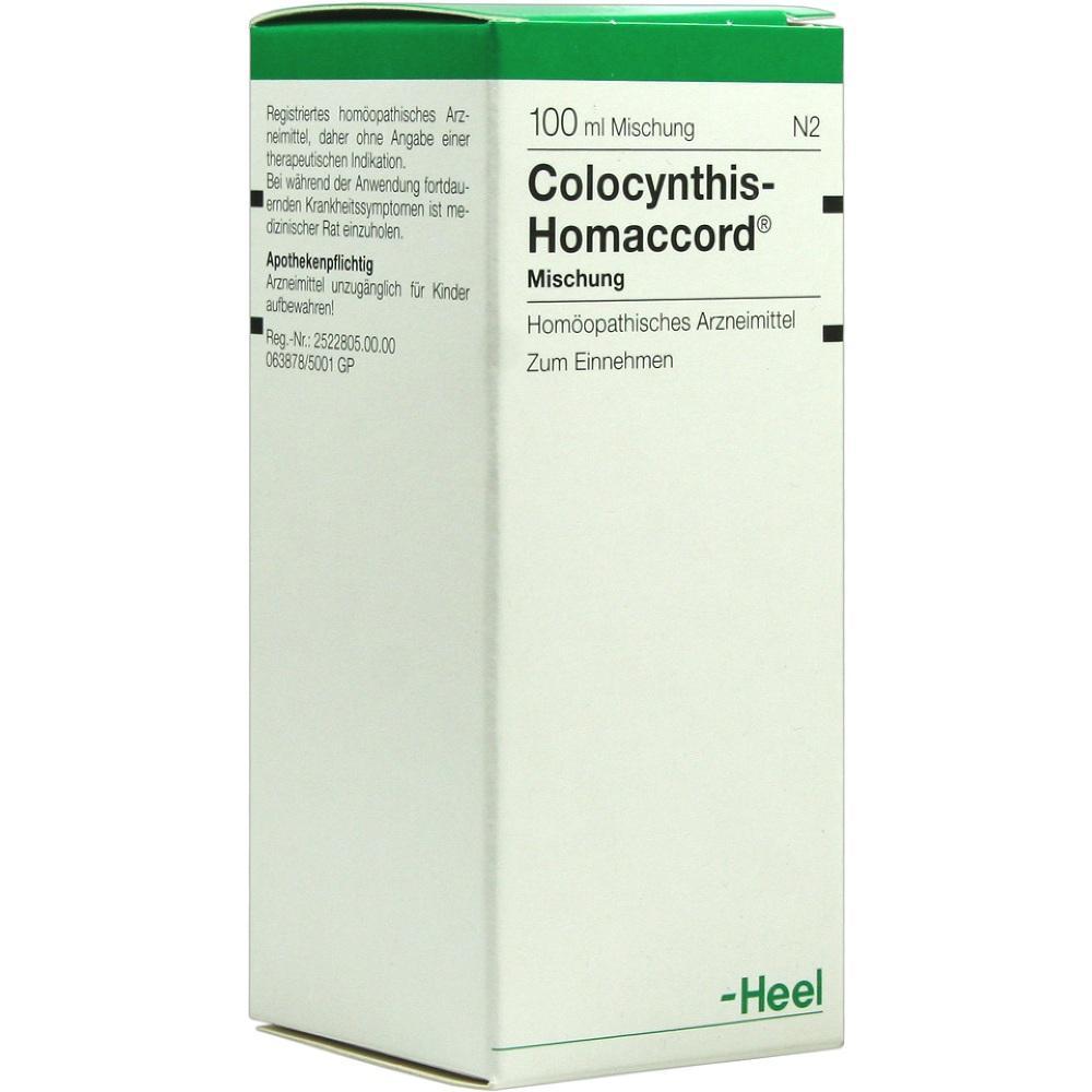 Eine weiße Verpackung eines homöopathischen Arzneimittels namens Colocynthis-Homaccord.