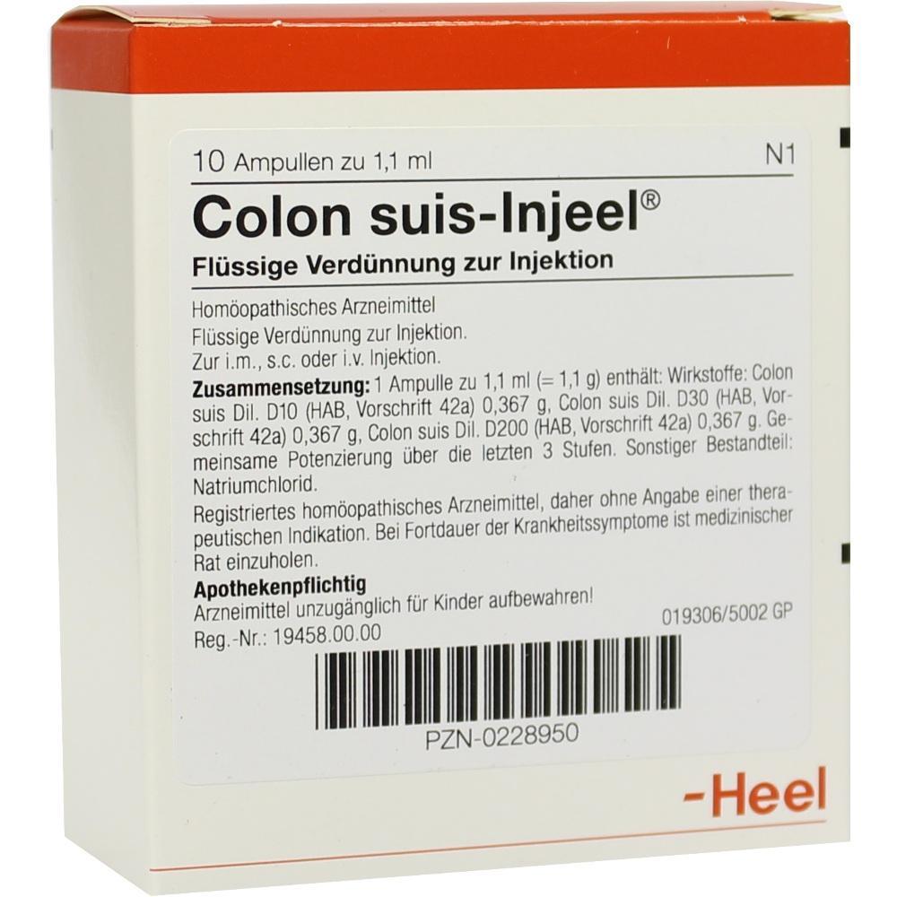 Packung mit homöopathischen Injektionsampullen mit der Aufschrift "Colon suis-Injeel".